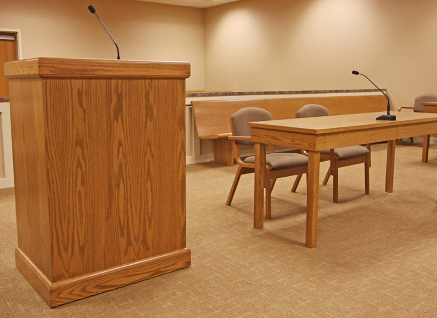Lectern, Attorney Table and Plylok Chairs in Courtroom with All Wood Benches